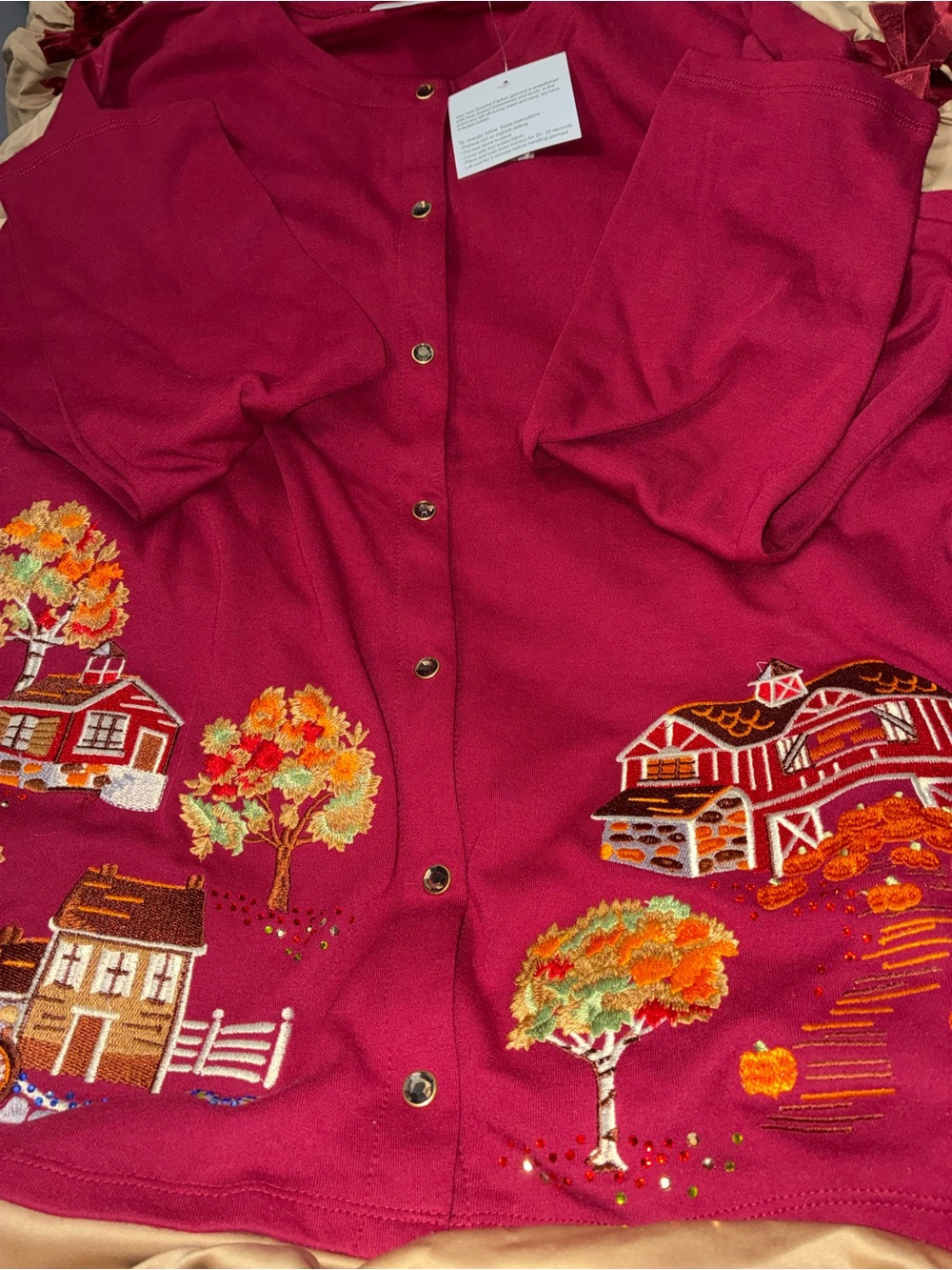 Quacker Factory Burgundy Cardigan with Autumn Embroidered Farm Scene